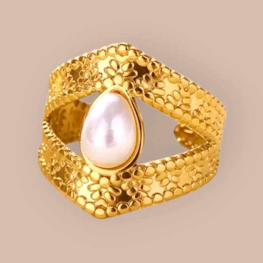 Wave crest Band Stainless Steel Faux Pearl Adjustable Ring