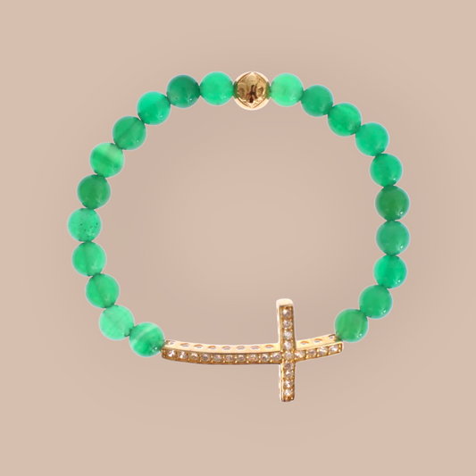 NIALAYA Green Jade Bead Bracelet with CZ Diamond Cross S Women