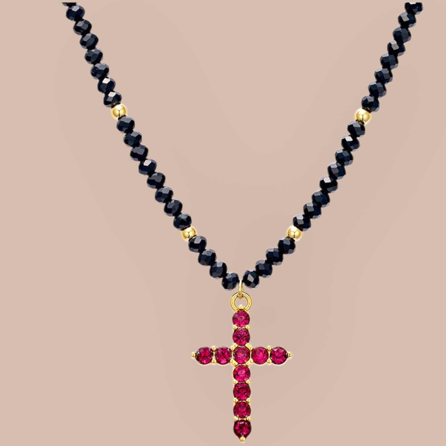 Stainless Steel Rosary Necklace Black and Red CZ Bead
