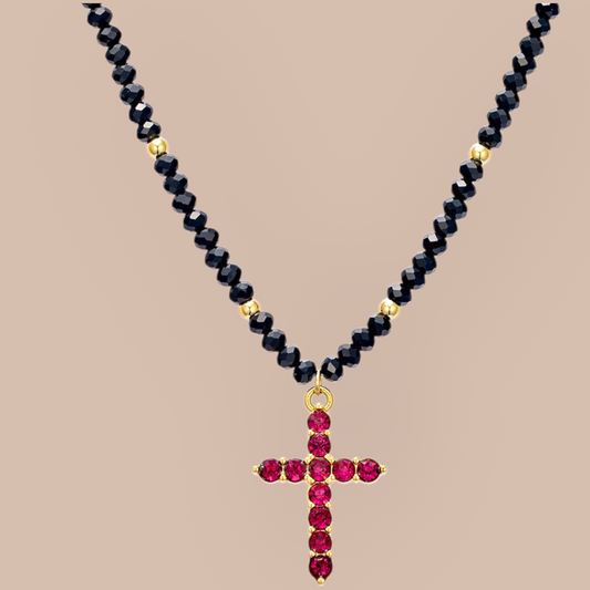 Stainless Steel Rosary Necklace Black and Red CZ Bead