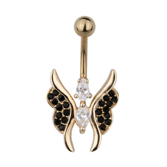 316L STAINLESS STEEL GOLD PVD PLATED BUTTERFLY BELLY BAR WITH GEMS